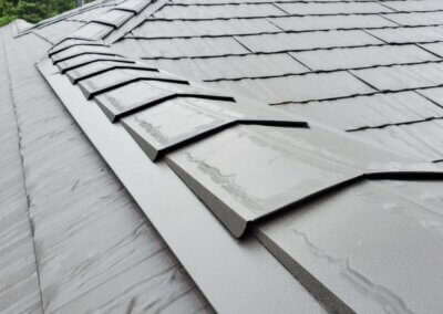 Finished metal slate roof glistening under natural light on a residential structure.